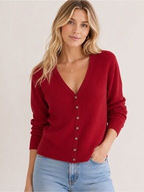 Alfred Sung Ribbed V-Neck Cardigan Sweater - XL - Red - 100% Cotton Button Front